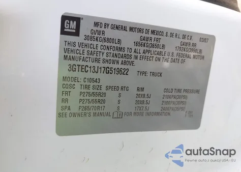 2007 GMC Sierra 1500 Sle2 z USA, uszkodzony, nr VIN 3GTEC13J17G519622